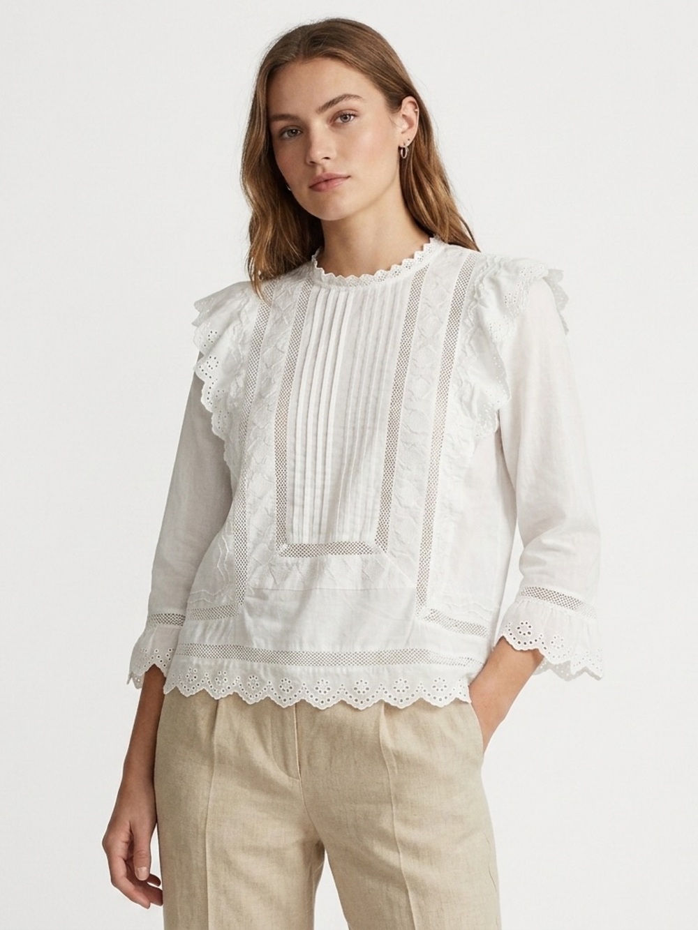 Scalpers White Cotton Ruffle Blouse Pintuck Eyelet Embroidered Top M